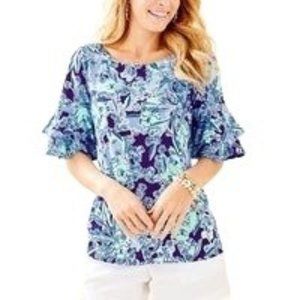 Lilly Pulitzer Lula Short Sleeve Top Ruffles - Elephant Appeal